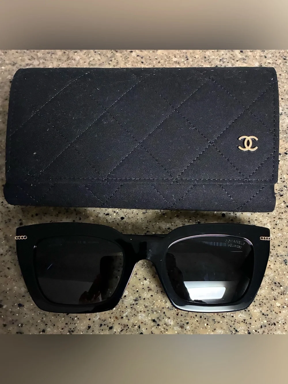 Like New CHANEL Black Square Sunglasses with Quilted Logo Case and Box